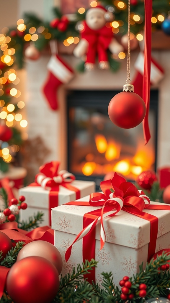 A cozy Christmas setting with red and white decorations, twinkling lights, and a fireplace.
